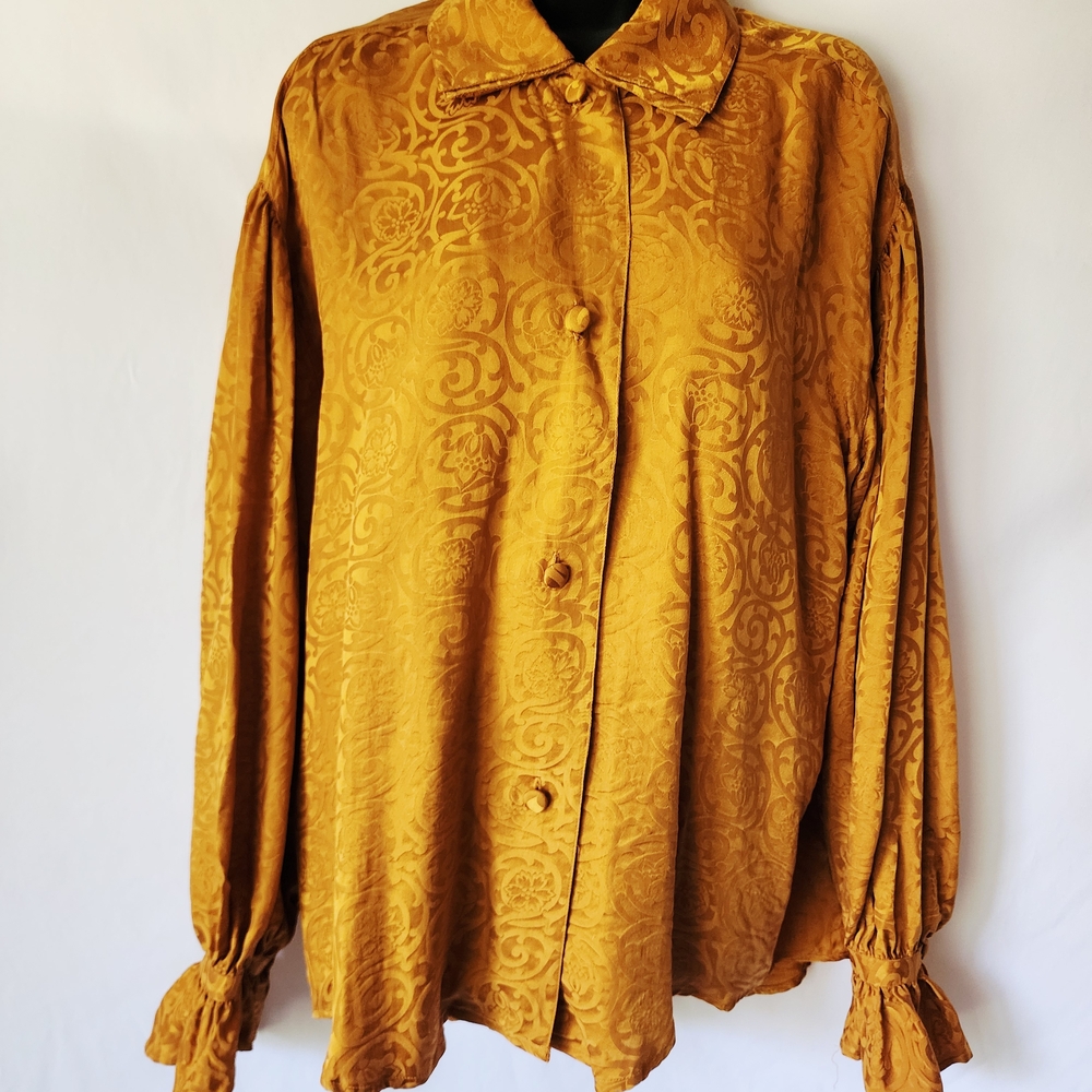 Capezio‎ Mustard Floral 100% Silk Button-Down Shirt Size Large Blouse